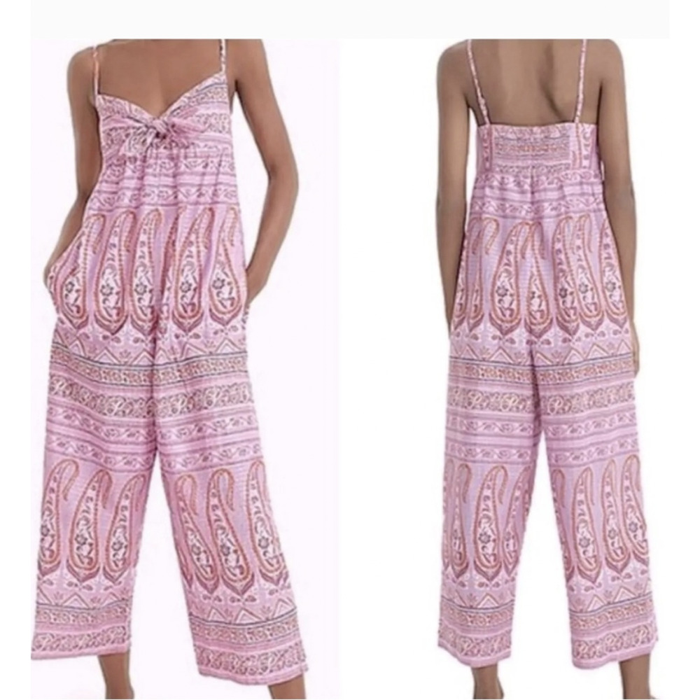 J. Crew Point Sur Jumpsuit 6 Purple Paisley Boho Sweetheart Tie Front‎ Metallic